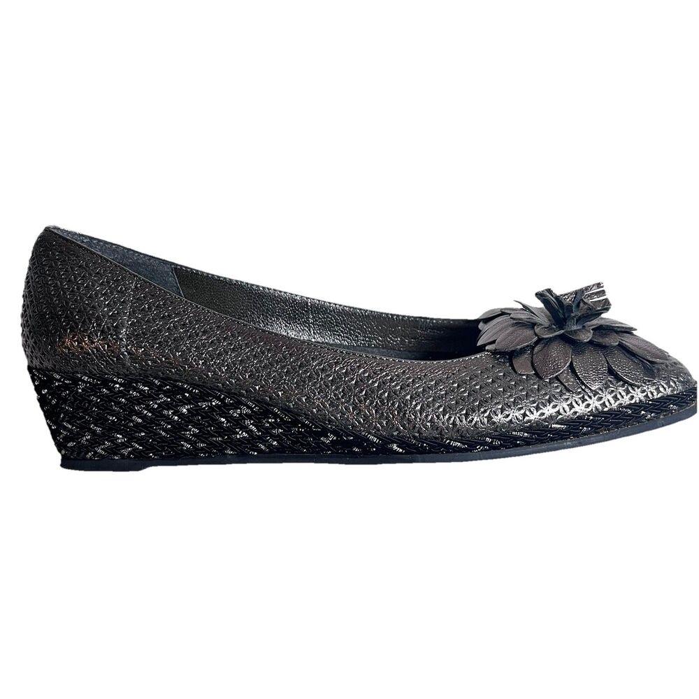 Sesto Meucci Jute Mae Pumps Metallic Pewter Flower Accent Wedge Heel Italy 8M